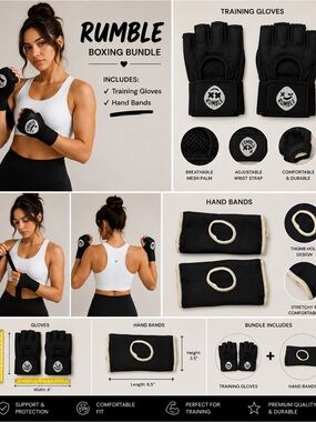Rumble Boxing Training Gloves + Hand Bands Bundle Black Workout Fitness Gear